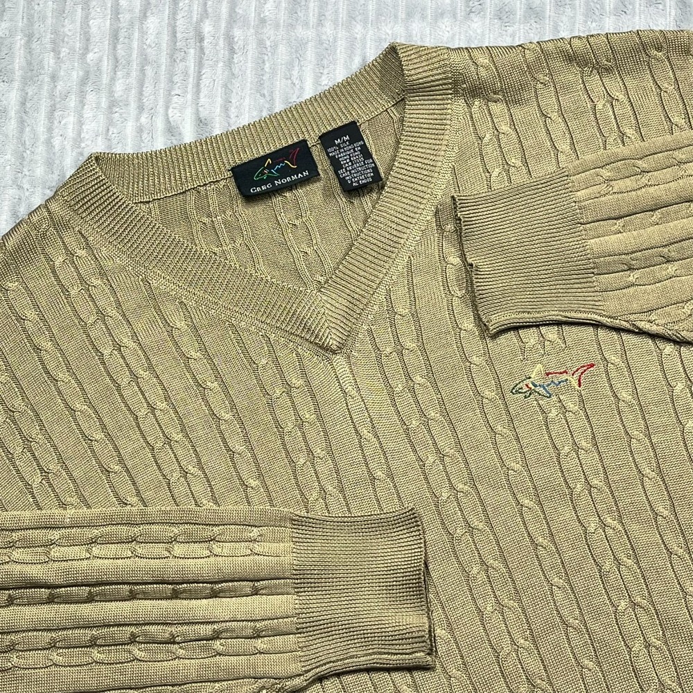 Greg Norman Silk Cable Knit V-Neck Sweater Men's M Beige Golf Casual Preppy